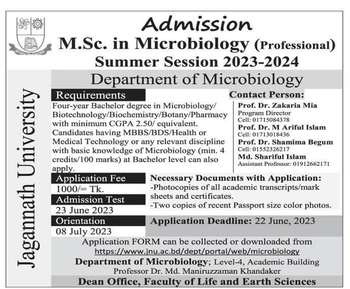 JNU Professional MSc Microbiology Adm 2023 Deadline June 22   JNU Professional MSc In Microbiology Admission Circular 2023 2024 1 