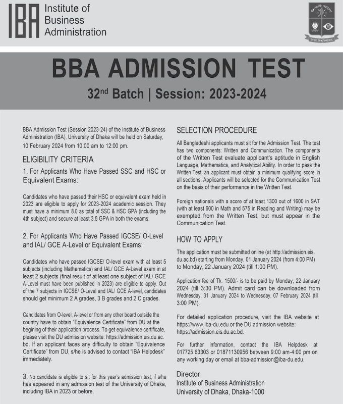 IBA-DU BBA Admission 2024 : Information To Know