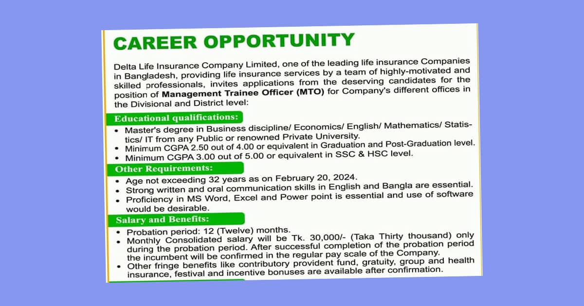 Career with Delta Life Insurance Company Ltd as MTO