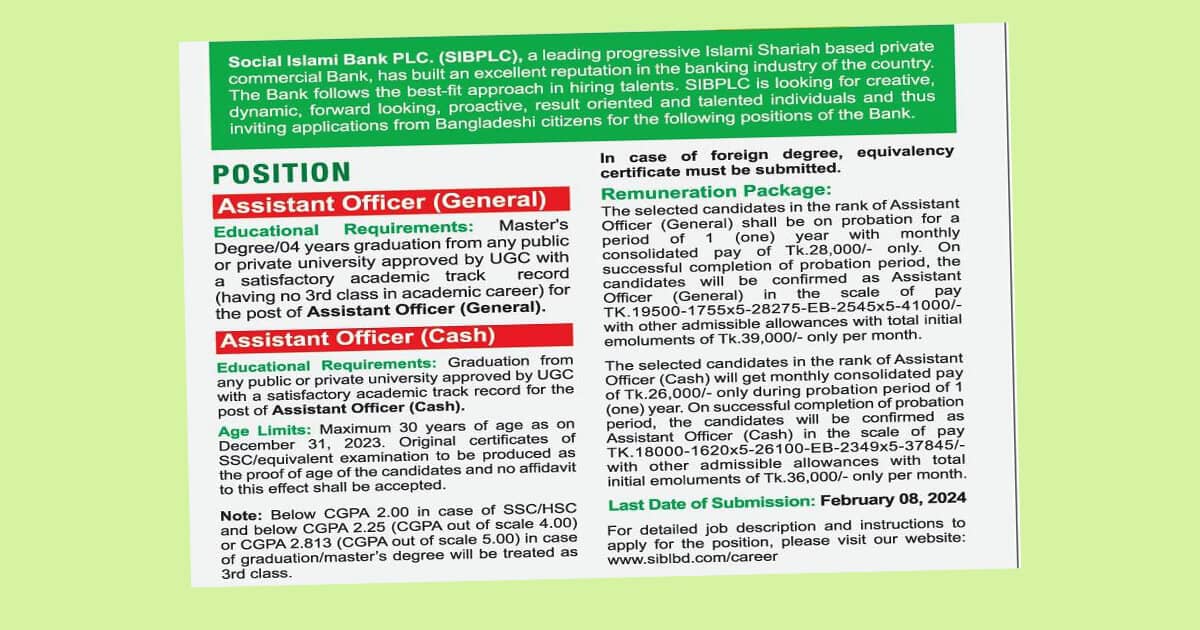Career with Social Islami Bank as Assistant Officer