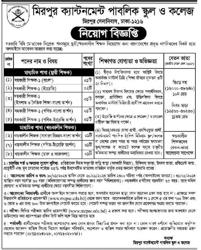 Mirpur Cantonment Public School & College Job Circular 2024