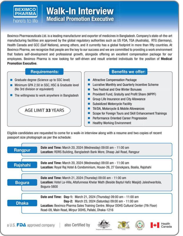 Beximco Pharma Job Circular 2024 for Marketing Executive