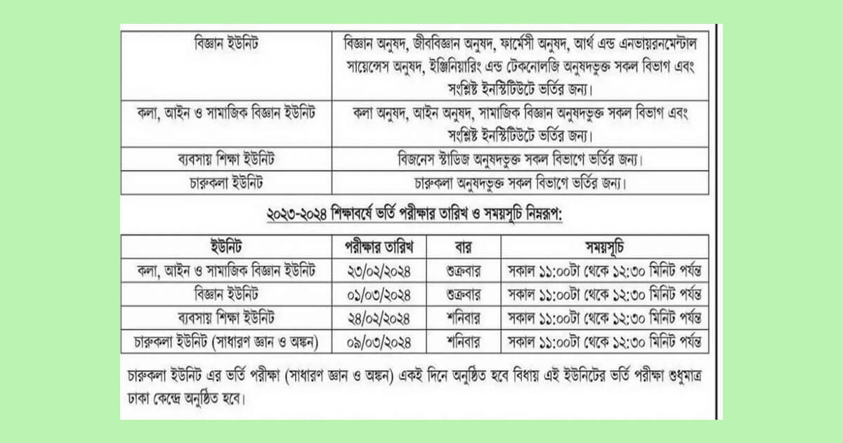 Dhaka University Admission Test 2024 Routine
